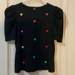 SHEIN Black Top with Colorful Heart Accents Puff Short Sleeve L